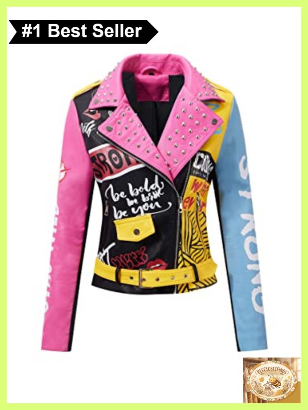 Faux Leather Studded Moto Jacket Belted Short Streetwear
